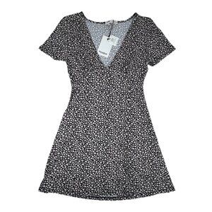 NWT Pull & Bear Mini Smock Dress Medium Black White Floral Stretch Casual